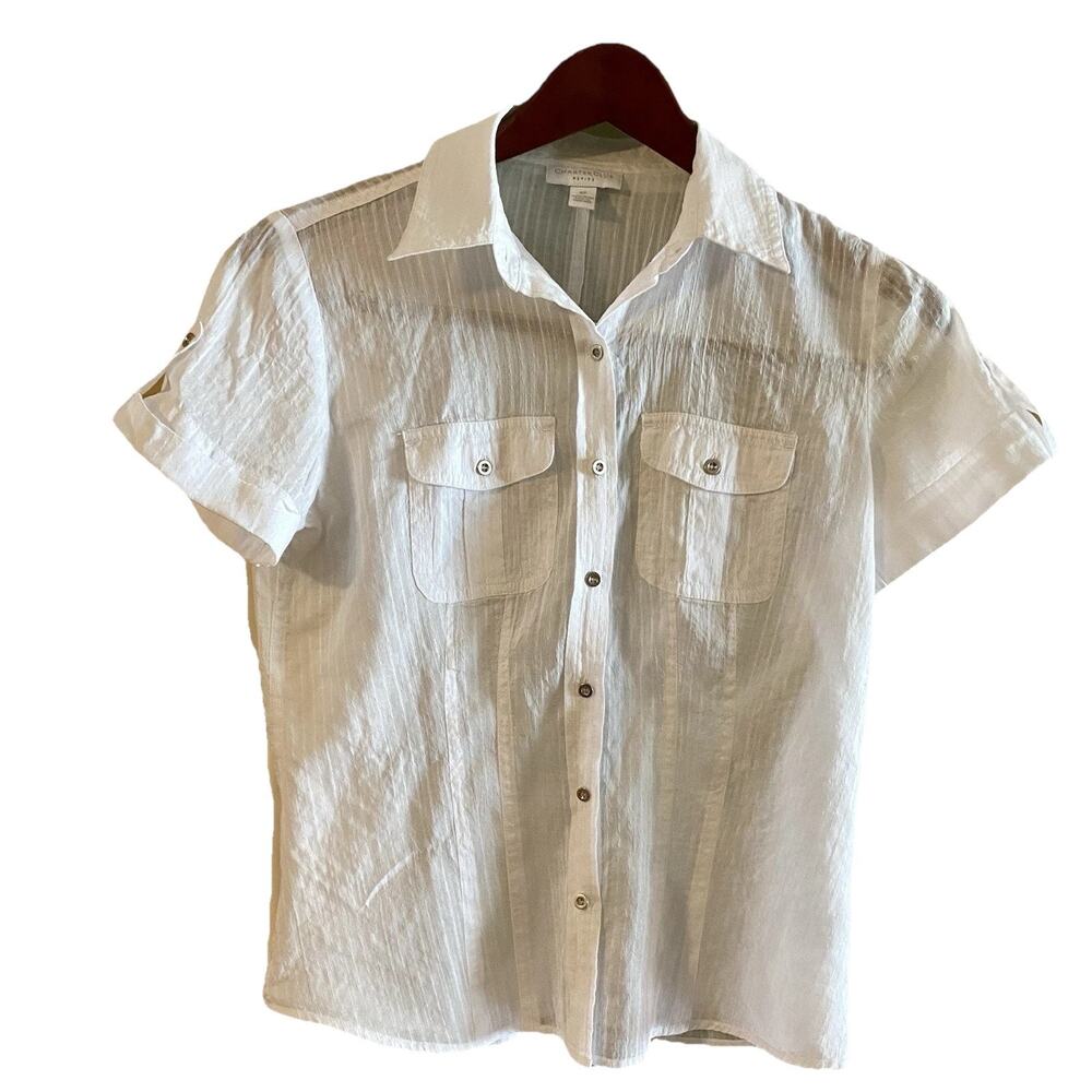 Charter Club Woman’s Top 4P White Cotton Tab Sleeve Shear